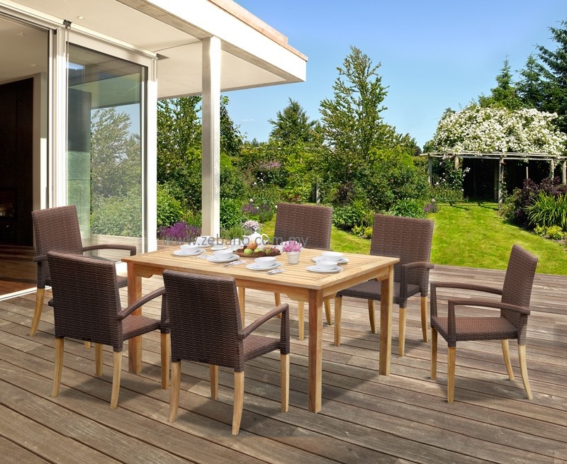 Hampton Teak & Wicker 6-Seater Dining Set WCT006 Zebano (1) Outdoor dining set, teak dining table, wicker dining chairs, 6-seater patio dining set, garden furniture, terrace dining furniture, weather-resistant outdoor furniture, luxury outdoor dining set, teak outdoor table, wicker armchair dining set.